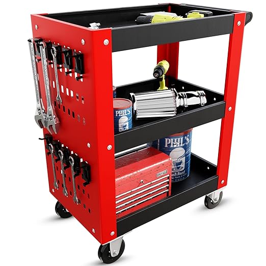 3 Tier Rolling Tool Cart on Wheels, Mechanic Storage Organizer, Rolling Work Cart with Pegboard for Garage, Workshop, Warehouse (Red and Black)