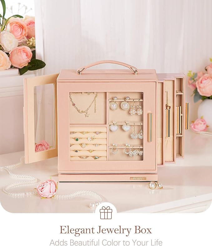 Homde Christmas Gifts Jewelry Box 360° Rotating, Necklace Earring Organizer with Transparent Window, Mirror, 7 Drawers, Large Ring Display Storage Case for Girls Women (Peach Pink)