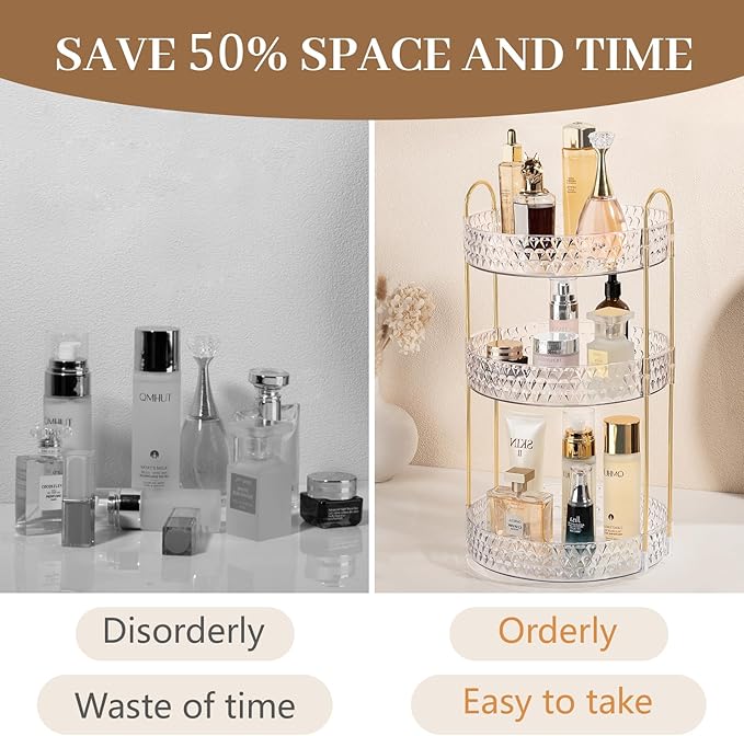 Rotating Makeup Organizer for Vanity, 3 Tier Perfume Skincare Storage for Women, Bathroom Counter Organizer, 360 Spinning Cosmetic Holder for Dresser Countertop, Clear