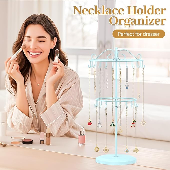 MODOWEY Rotating Necklace Holder Organizer Display Stand with 42 Hooks, 2 Tier Adjustable Metal Tree for Long Necklace Hanger Selling, Tall Spinning Bracelet Storage Rack for Men Women, Blue