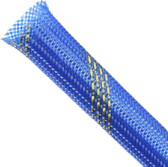 Braided Cable Sleeving, PET Expandable Braided Cable Sleeve, Flexible Mesh Sleeving Cord Management for Audio Video and Other Home Device, Cord Protector from Pets (Blue Gold, 3/8" x 25ft)
