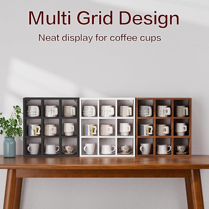 Helsin 9 Grid Vintage Coffee Mug Display Rack, 16inch Wall Mounted Wooden Curio Shadow Box Shelf, Cup Floating Shelves Display and Organizer (White)