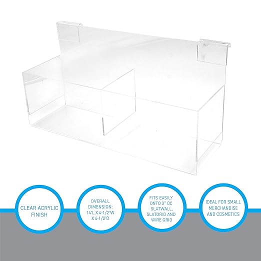 SSWBasics Clear Acrylic Double Display Bin - 14"L x 4-1/2"W x 4-1/2"D - For Slatwall or Wire Grid