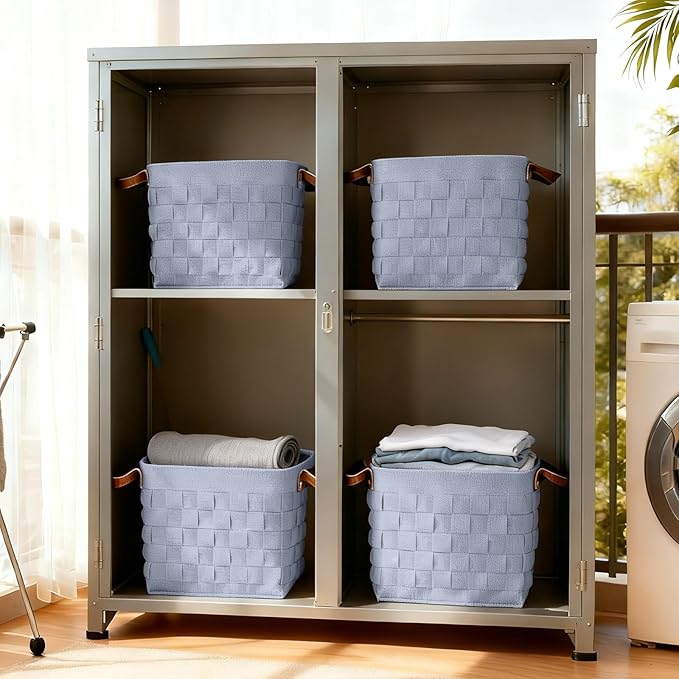 Storage Basket 3 Pack, 13" x13" x13 " Large Blanket Baskets with Leather Handle, Cube Felt Fabric Storage Box for Shelves, Bedroom, Nursery, Living Room - Light grey