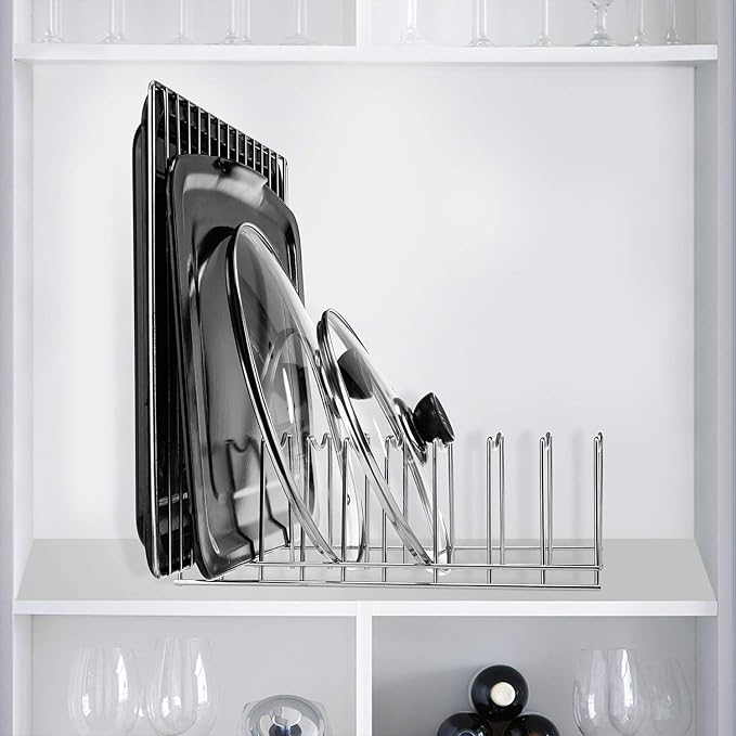Pot Lid Organizer, Kitchen Pot Lid Rack Holder, Rest Cutting Board, Baking Sheet, Stainless Steel (Silver, 1)