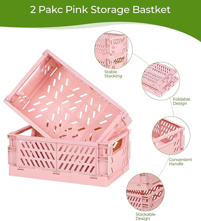 4-Pack Small Pastel Plastic Storage Baskets, Collapsible Crates for Organizing, Space-Saving Mini Bins for Classroom, Kitchen, Office, Bedroom (Pink, 9.8" x 6.5" x 3.8")