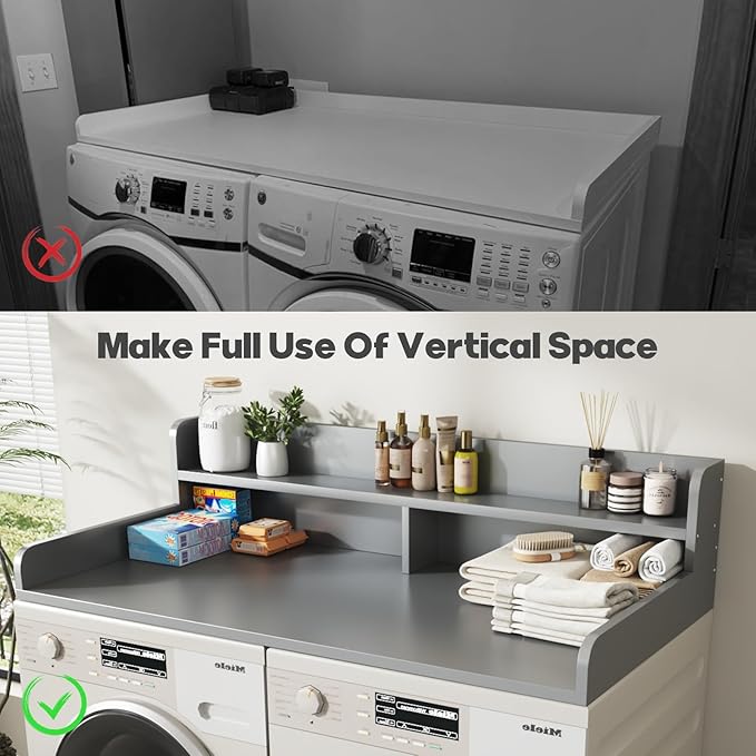 2-Tier Washer and Dryer Countertop with 2.75" H Guard,54" W x 27.5" D Laundry Countertop Cover with Non-Slip Pad,Large Space Laundry Topper for Folding Clothes Over Washer and Dryer-Gray