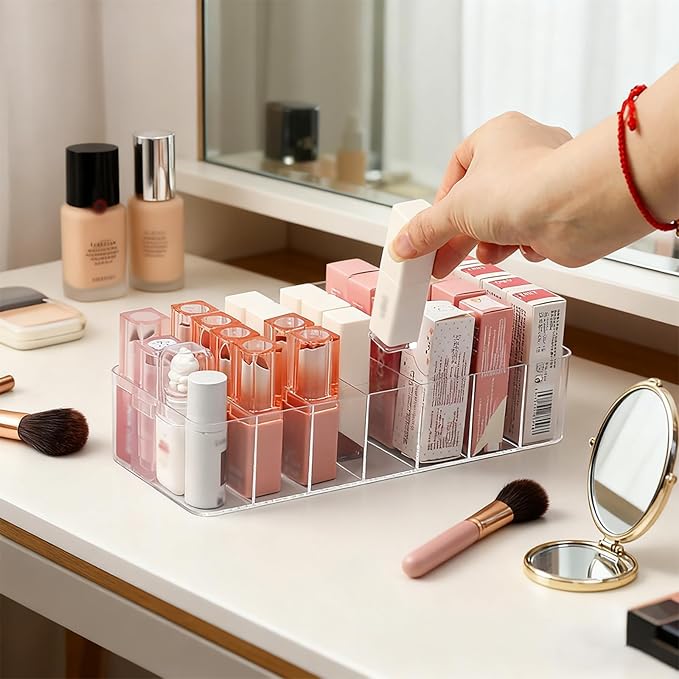 2 Pack Clear Acrylic Makeup Organizers, 7-Section Bathroom Organizer for Drawer, Cosmetic Display Cases, Blushes Highlighters Eyeshadow Powder Makeup Organizer Holder Storage
