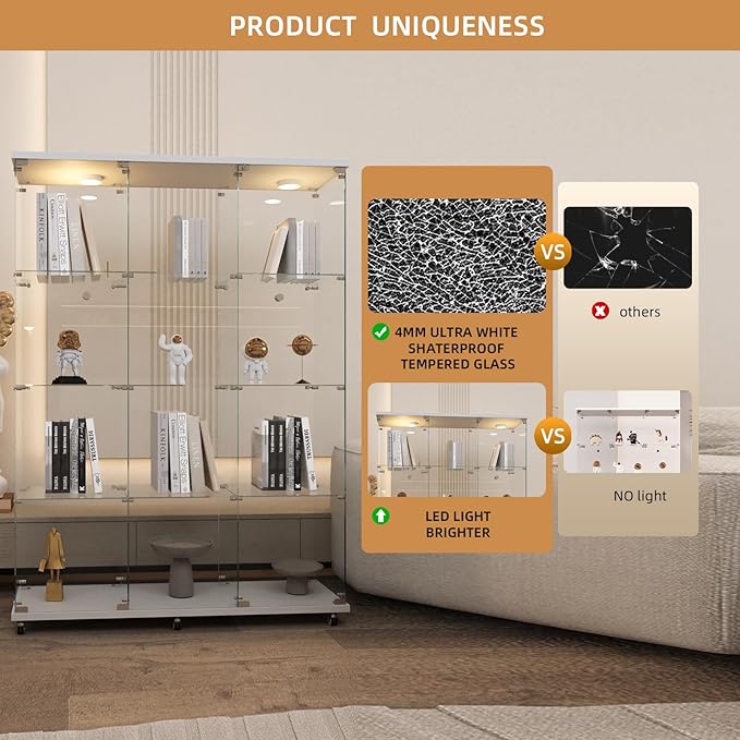 Beauty4U Glass Display Cabinet with LED Lights, Extra Large 3 Columns 2 Doors Curio Cabinets with 12 Shelves for Living Room, Bedroom, Office, White Floor Standing DIY Glass Bookshelf