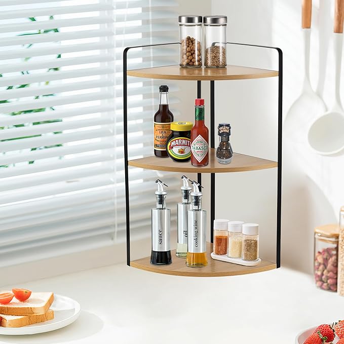 3 Tier Corner Bathroom Counter Organizer, Countertop Organizer, Vanity Organizers, Bathroom Storage Sink Shelf, Wooden and Metal Counter Shelf, Corner Counter (Rustic Walnut)