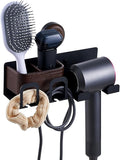 Hair Dryer Holder Wall Mount with Suction Cup, No-Drill Metal Blow Dryer Holder, Hair Accessories Tools Organizer Rack with 2 Toothbrush Hanger & Shelf, Walnut Finish for Bathroom