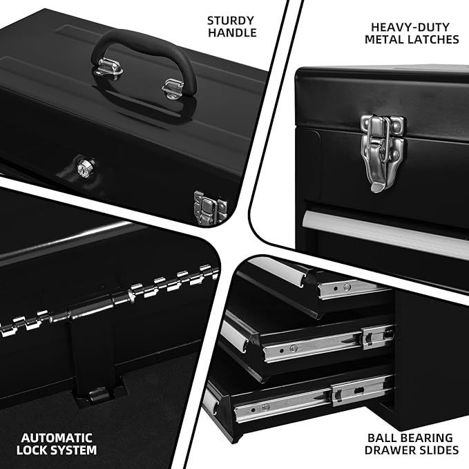 Metal Tool Box with 4 Drawers Portable Steel Tool Chest with Metal Cylinder Lock and Latch Closure, Liner, Powder Coating, Suitable for Garage, Warehouse and Outdoor Repair Job-Black