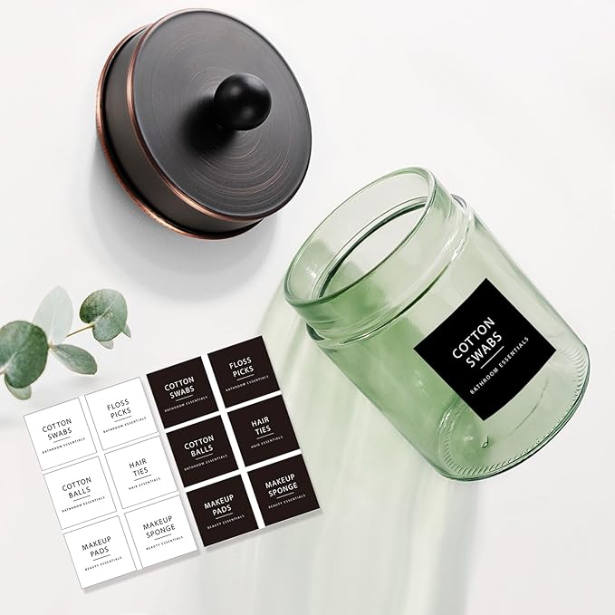 Amolliar Sage Green Apothecary Glass Jar With Metal Lid & Stickers, Bathroom Qtip Holder Storage Canister, Farmhouse Decor for Cotton Balls, Cotton Swabs, Makeup Pads, Bath Salt, Floss, ORB 2 Pack