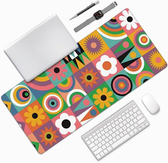 Cute Colorful Flowers Large Mouse Pad, Vintage Aesthetic Gaming Desk Mat, XXL Keyboard Desk Pad Mat for Desktop, 35.4"x15.7" Non-Slip Base Big Mousepad with Stitched Edges