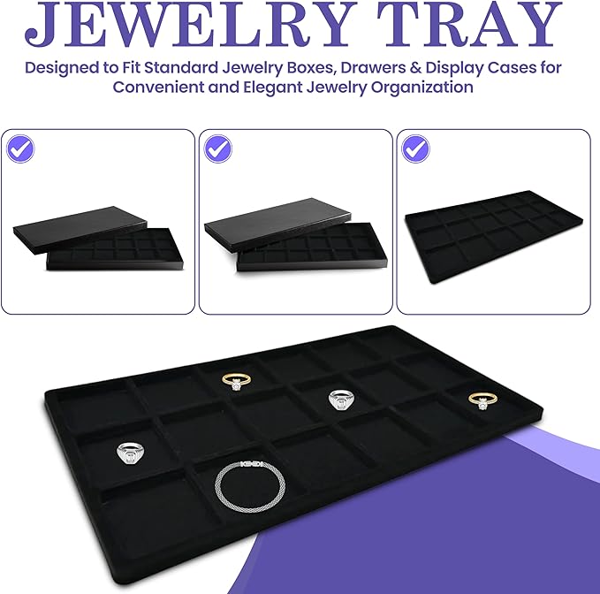Novel Box 5 Pack 18-Slot Black Liner Jewelry Storage Tray Inserts 14.75x8.25x1 Inches - Jewelry Organizer Pad for Drawers & Store Displays - Jewelry Display Pads for Rings Earrings & Pendants