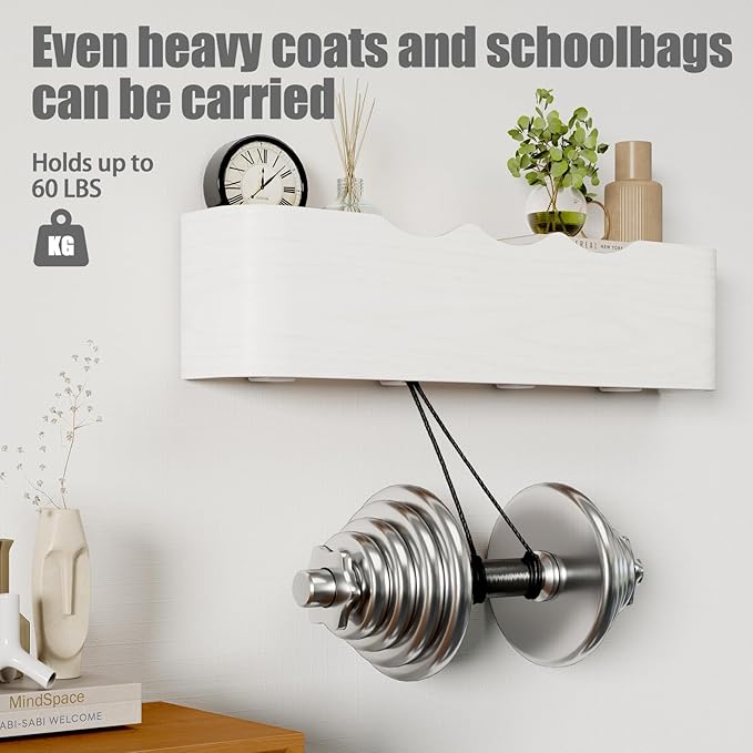 Coat Rack Wall Mount with Shelf 4 Hidden Hooks Modern Wooden Key Holder Entryway Organizer for Hallway Bedroom Bathroom Home Decor Storage for Hanging Coats Hats Bags Towels, Wave-Shape White