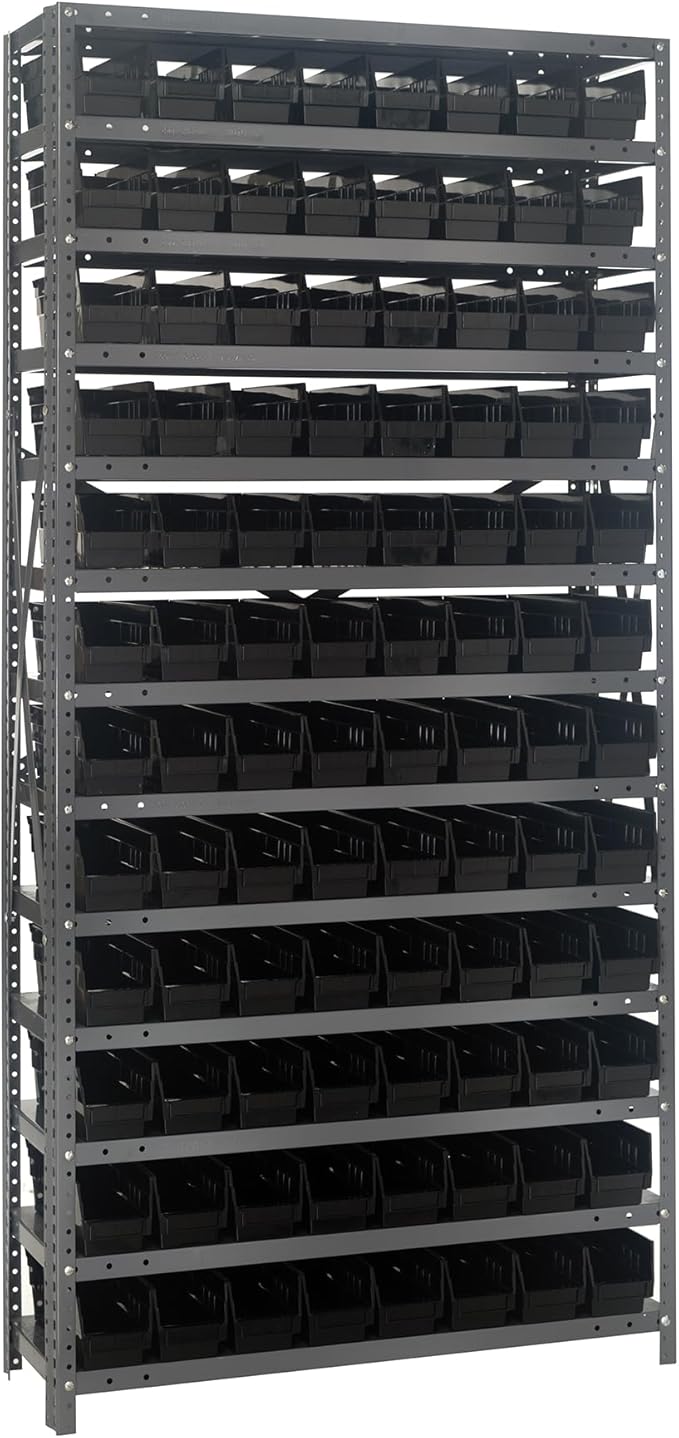 Quantum Storage Systems 1275-101BK Solid Heavy Duty 13 Shelves 96 Economy Black Bins 75" H x 36" W x 12" D