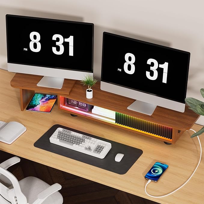 Artswish Monitor Riser Stand with Charging Station & RGB Light, Adjustable Angle Dual Monitor Stand for Desk, Computer Desk Shelf with Sliding Door, Desk Organization for Top of Desk, Walnut cOLOR