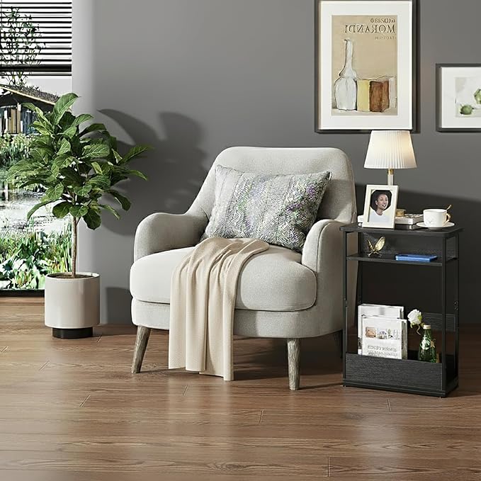 Narrow Side Table,3-Tier Slim End Table with Storage Shelf,Modern Sofa Table Thin Side Table for Narrow and Small Spaces, Skinny Bedside Table Small Nightstand with Magazine Rack Space Saving/Black