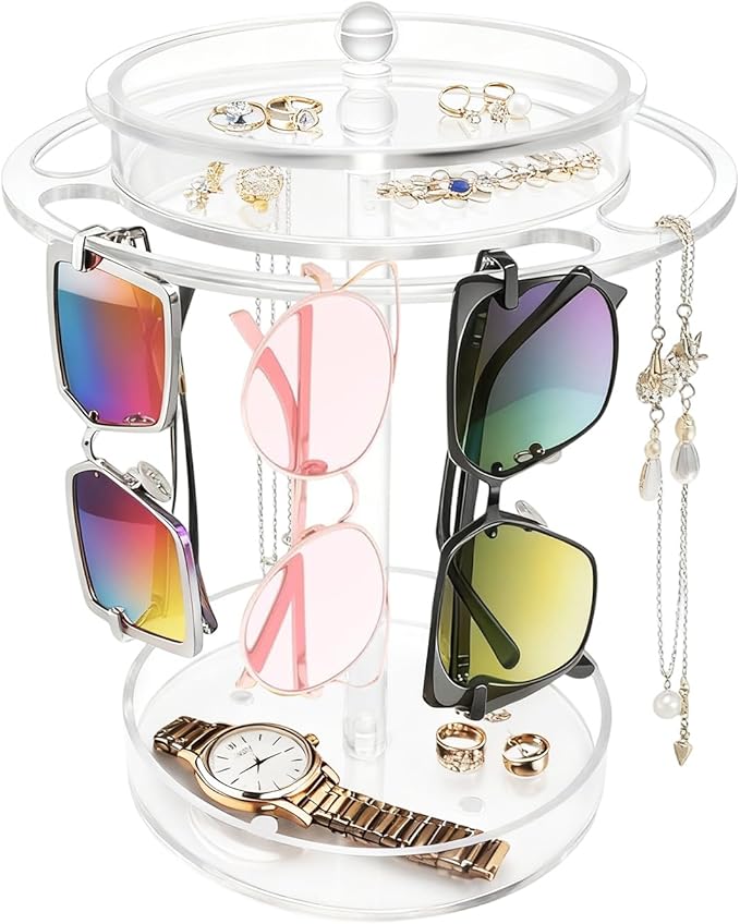 Acrylic Sunglasses Holder Stand with 360° Rotation - Double-Layer Trays, Dustproof Top Lid, Clear Eyeglasses Display Rack for Tabletop/Vanity/Office - Space-Saving, Shatter-Resistant & Modern Decor