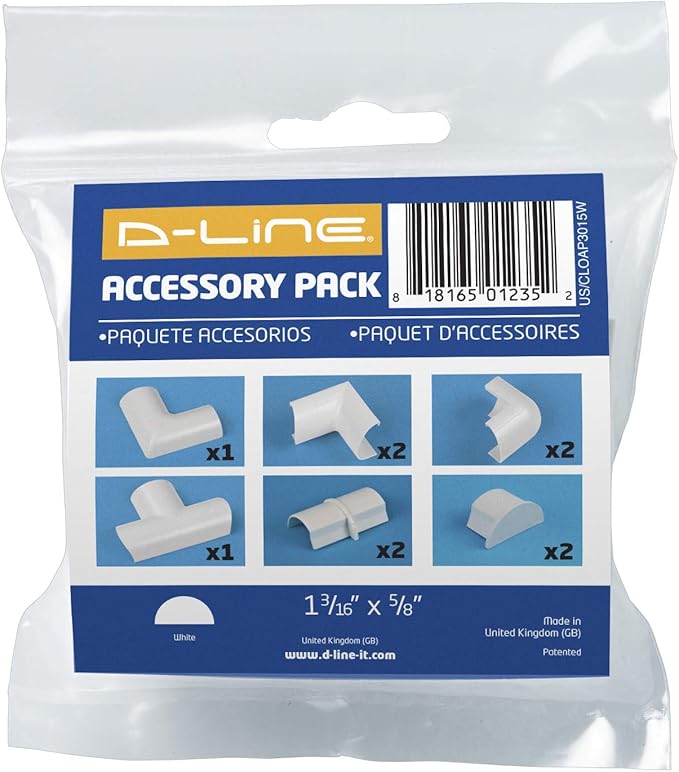 D-Line Medium Cable Raceway Accessory Pack, Join 1.18in x 0.59in Cord Cover Lengths, 10 Accessories Included, Hide Cords Around a Variety of Angles - White