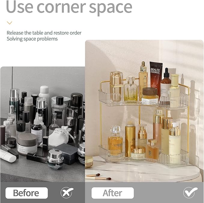 Corner Bathroom Countertop Organizer, Vanity Trays for Counter, Makeup Organizers, Perfume Tray, Kitchen Spice Rack, (Clear, 2 Tiers)