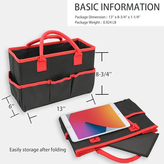 Cupohus Art Organizer Craft Storage Tote Bag with Pockets and Hadles, Oxford Fabric Carrying Caddy for Teacher, Officer, Artist, Students, Traveler, and more – Black with Red Edge