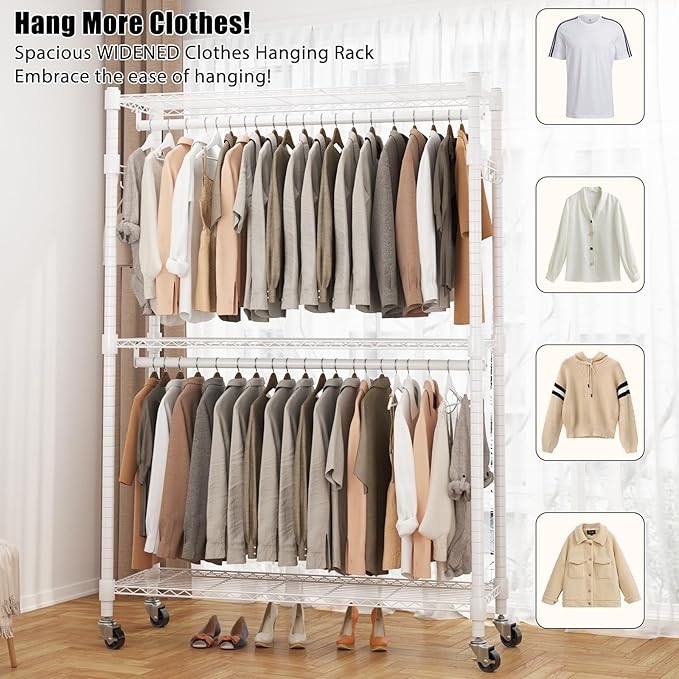BATHWA Heavy Duty Garment Rack on Wheels, Rolling Clothes Racks for hanging clothes, Modern Closet Wardrobe Clothing Rack with 8 Side Hangers, White