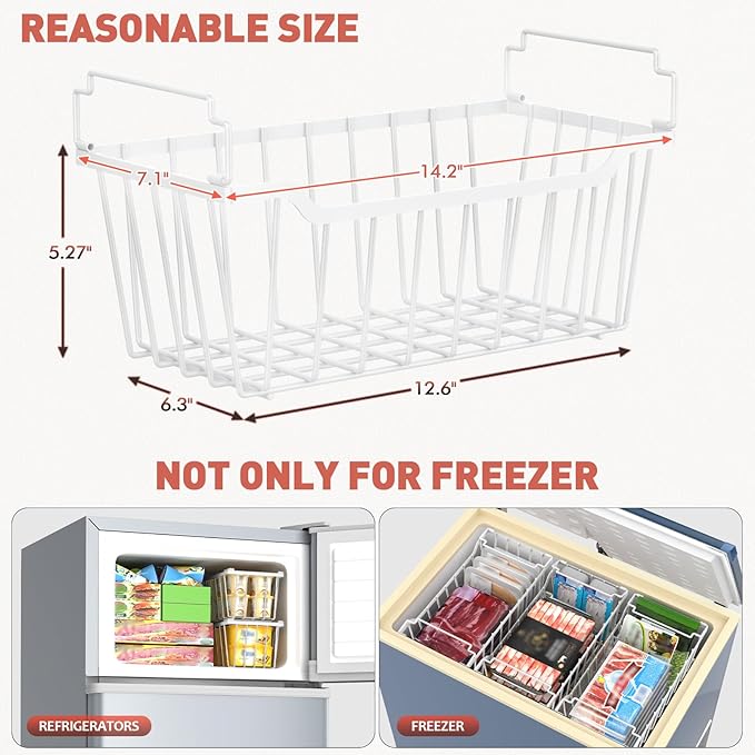 Goovilla Freezer Organizer Bins with Foldable Handle, 8 Pack Stackable Freezer Baskets for 3.5-7 Cu.FT Deep Chest Freezer Organization, White Metal Freezer Storage Bins with Better Space Utilization