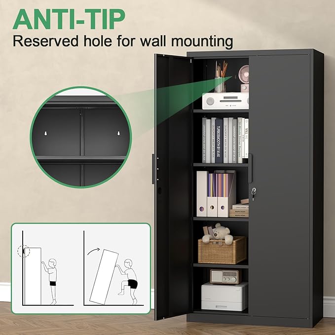 Metal Tall Storage Cabinet, Black Storage Cabinets with Doors and Shelves, 72" H File Cabinet with 4 Adjustable Shelves, Heavy Duty Locking Cabinets for Home, Office, School