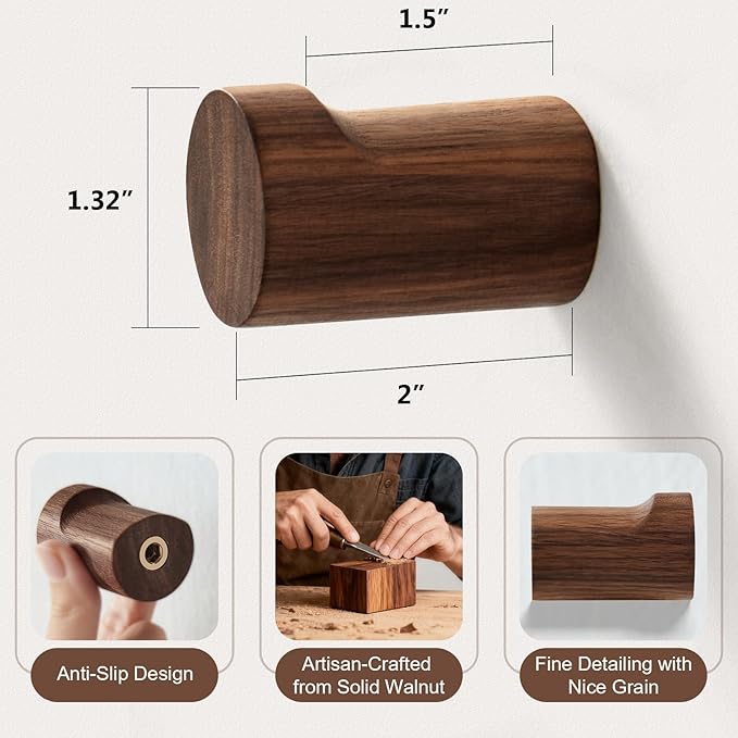 Wooden Wall Hooks 6 Pack, Modern Decorative Coat Hook Wall-Mount, Handmade Rustic Hat Hooks, Entryway Wall Hangers for Hanging Coats Hats Backpack, Bathroom Wood Towel Rack (Walnut)