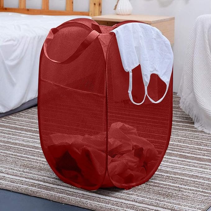 Larpur Popup Mesh Laundry Basket, Collapsible and Portable Clothes Washing Laundry Hamper with Reinforced Carry Handle (Red)