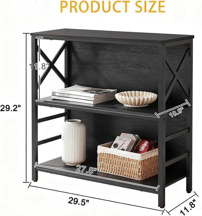 Small Bookshelf,3 Tier Industrial Bookcase with Metal Frame and Backboard,Low Black Book Shelf,Book case for Small Spaces,Living Room,Bedroom and Home Office