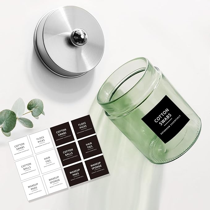 Amolliar Sage Green Glass Apothecary Jar, Qtip Holder Metal Lid & Sticker, Bathroom Qtip Dispenser Storage Canister, Perfect for Cotton Balls, Swabs, Round Pads, Bath Salt, Floss,Brushed Nickel 1 Pack