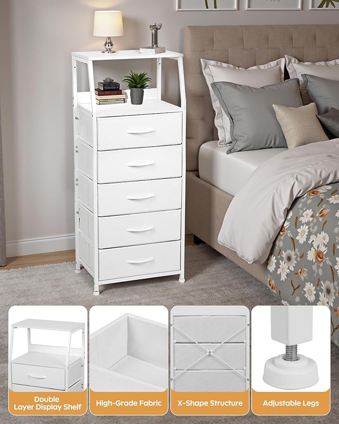 Dresser for Bedroom, Fabric Nightstand Tall Dresser & Chests of Drawers with 5 Drawers, Vertical Organizer Storag, Hallway, Entryway White