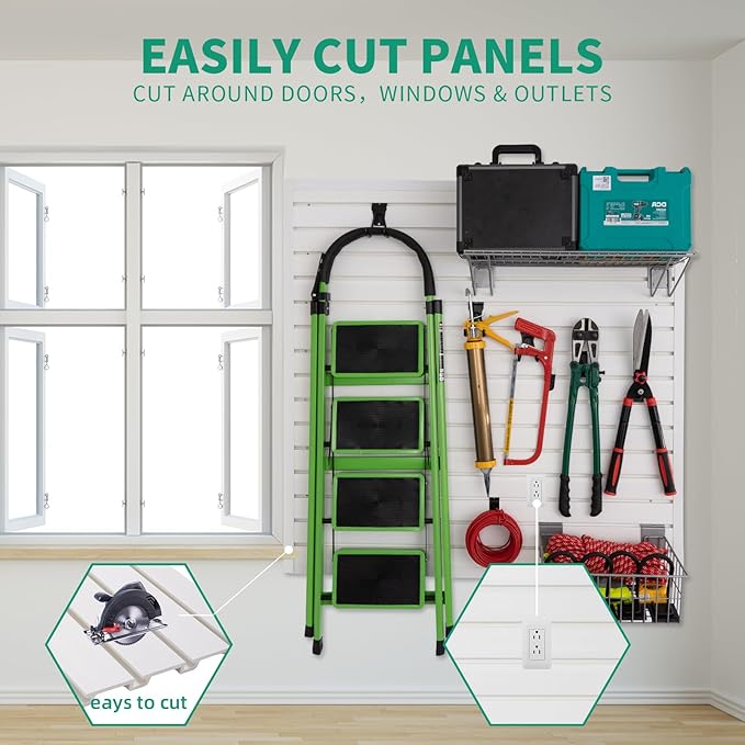 Slatwall Panel 4x2 ft Garage Mounted Storage, White Slat Wall Paneling Garage Organizers Storage, Peg Board Tool Organization PVC Wall Panels, Garage Slat Wall Storage Systems Pegboard Wall Organizer