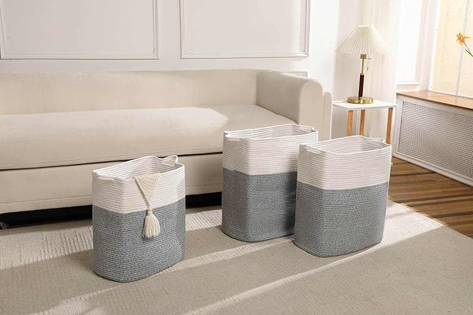 Tall Laundry Basket With Handles,Woven Cotton Rope Big Laundry Hamper Sorters,Versatile Storage for Dirty Clothes,Baby Toys,and Blankets in Bathroom, Nursery,and Living Room (Silver Gray, 50L)
