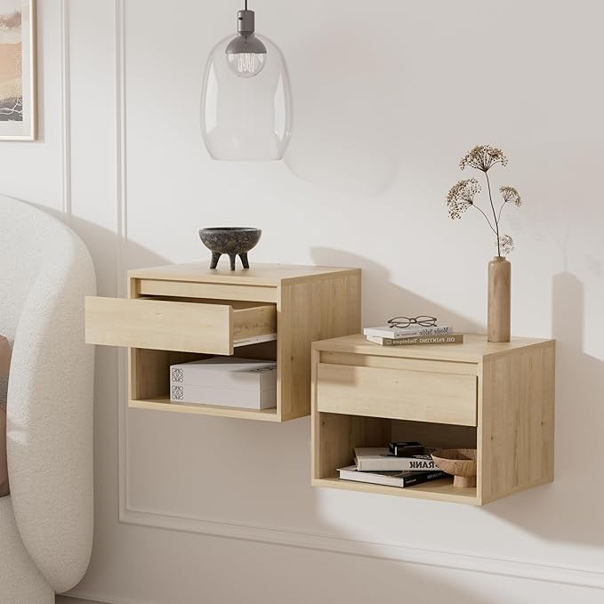 Mid Century Modern Floating Nightstand Set of 4, Wall Mounted End Table with Drawer and Open Compartment Wooden Bedside Night Stand Small Storage Cabinet for Bedroom, Light Oak