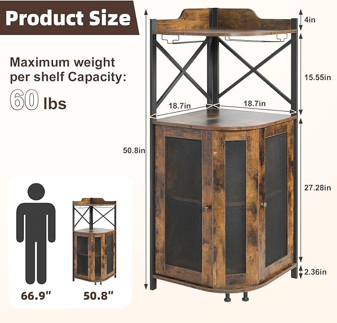 JKsmart Corner Bar Cabinet with Glass Holder,Industrial Wine Cabinet with Mesh Door,4-Tier Wine Cabinet with Open Shelf,Farmhouse Home Bar for Liquor and Wine Storage,Rustic Brown