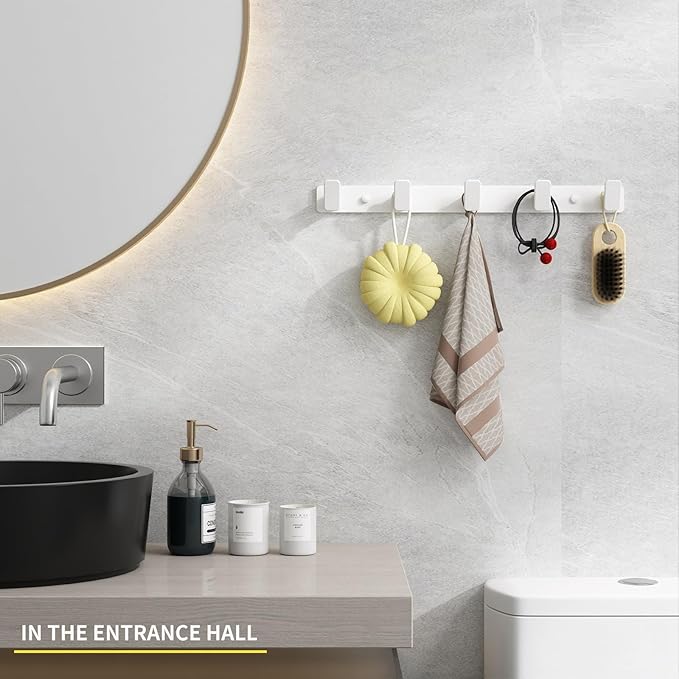 White Coat Rack Wall Hooks for Hanging Heavy Duty Door Hooks with 5 Hooks Key Holder for Wall Hat Rack for Entrance Coat Hook