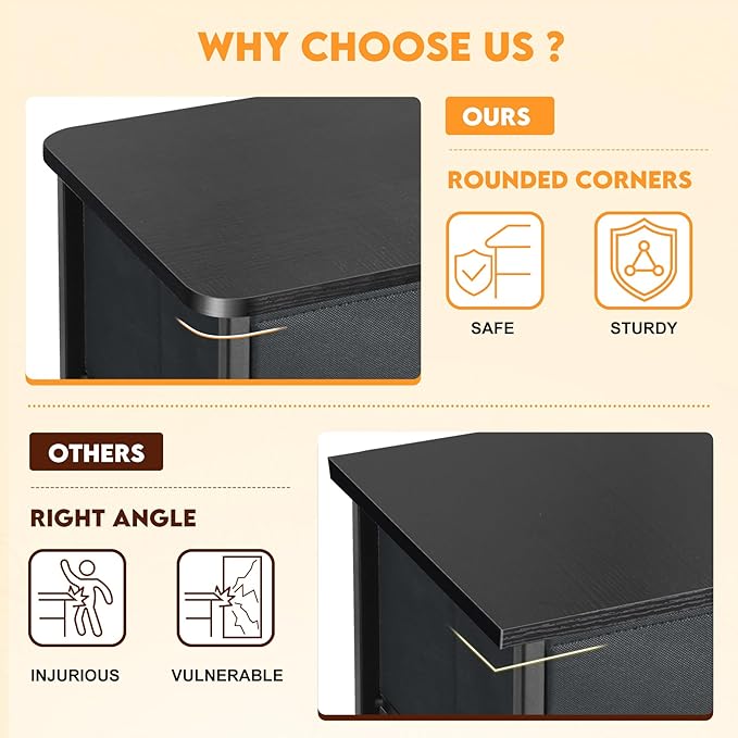 Curved Profile Dresser for Bedroom, Chest of Drawers, 8 Storage Drawers Organizer Unit, Brown Dresser with Fabric Bins for Closet, Living Room, Kid Room (Grey and Charcoal Black)