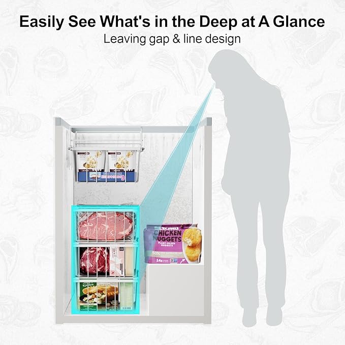 iSPECLE Deep Freezer Organizer Bins - 15.2"~17.5" Freezer Baskets for Chest Freezer, 5 Cu.FT Deep Chest Freezer Organizer Bins, 1 Expandable Hanging Basket and 3 Pack Stackable Bins, 4 Pack White