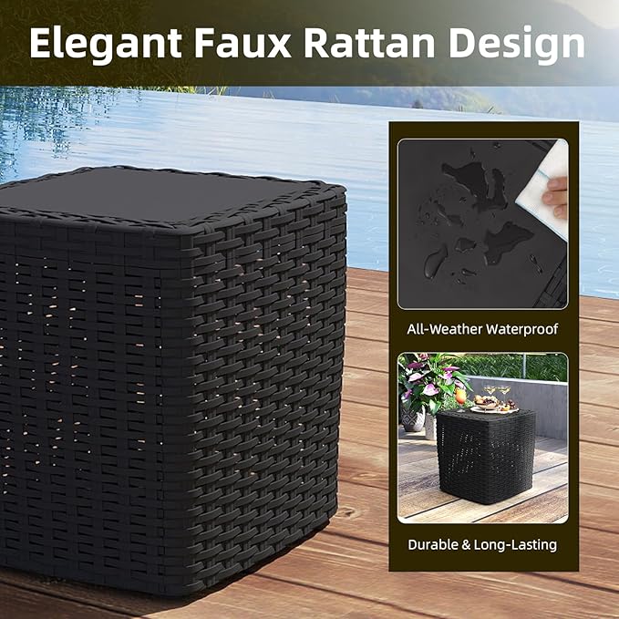 35 Gallon Outdoor Storage Box, Faux Rattan Deck Box with Removable Lid & Lockable Feature, All-Weather Waterproof Storage Bench for Poolside, Garden Tools Delivery Packages, Black