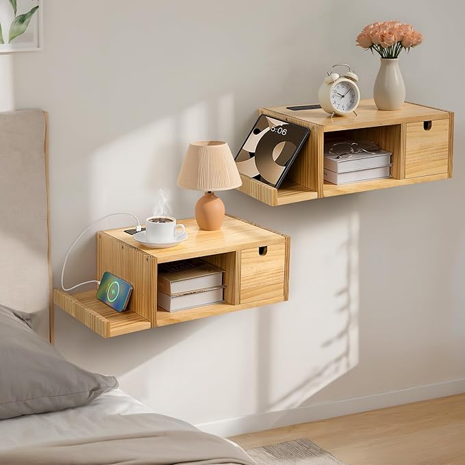 Afuly Floating Nightstand Set of 2 with Charging Station, Wall Mount Night Stands with Drawer Hanging Bedside Table End Table, Solid Wood Modern Side Table Shelf for Bedroom Natural Wooden Decor