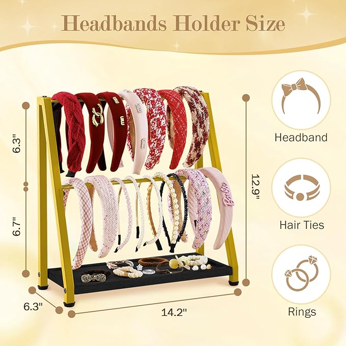 Headband Holder Organizer Metal 2-Tier Display Stand for Selling, Home Bedroom Headband Storage for Girls Women, Headband Stand Wood Base Can Store Hair Ties
