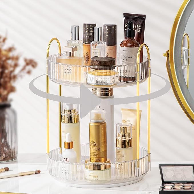 360 Rotating Makeup Organizer for Vanity, Bathroom Countertop Spinning Perfume Organizer, High-Capacity Cosmetic and Skincare Dresser Make Up Holder Rack (2 Tiers, White)