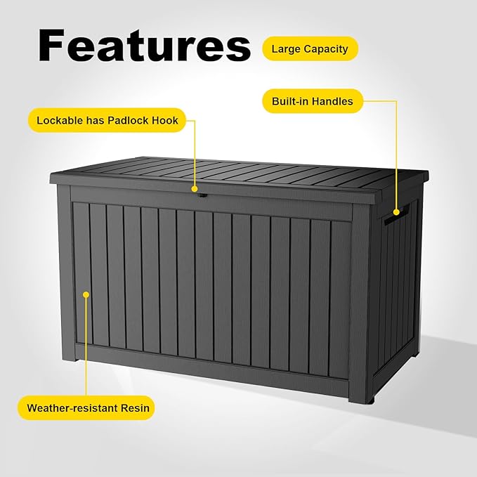 280 Gallon Outdoor Deck Box,Storage Lockable Waterproof Patio Furniture,Garden Tools,Cushions,Pool Accessories Outside Storage Resin Box(Black)