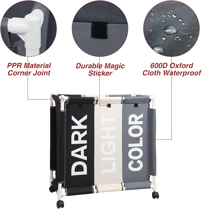 Laundry Basket 3 Section Freestanding Laundry Hamper Dirty Clothes Basket Sorter with Lid and Rolling Wheel, White+Dark+Grey