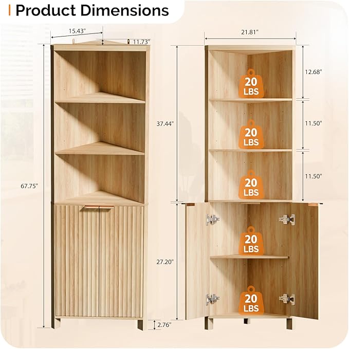 VINGLI 68" Tall Corner Cabinet with Fluted Doors,Corner Bathroom Storage Cabinet Pantry Hutch Display Shelves Adjustable for Kitchen, Living Room Modern Space Saver Shelf Bathroom Furniture,Oak