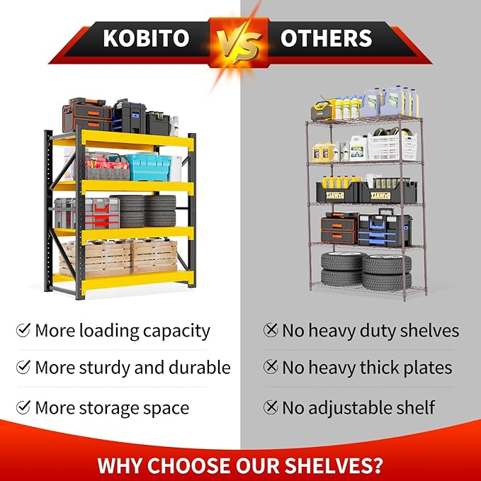 4000LBS Garage Storage Shelves, 47" W Garage Shelving Heavy Duty Adjustable Shelving Unit, 4 Tier Metal Utitly Shelves Industrial Shelving for Warehouses,Basement,Black Yellow